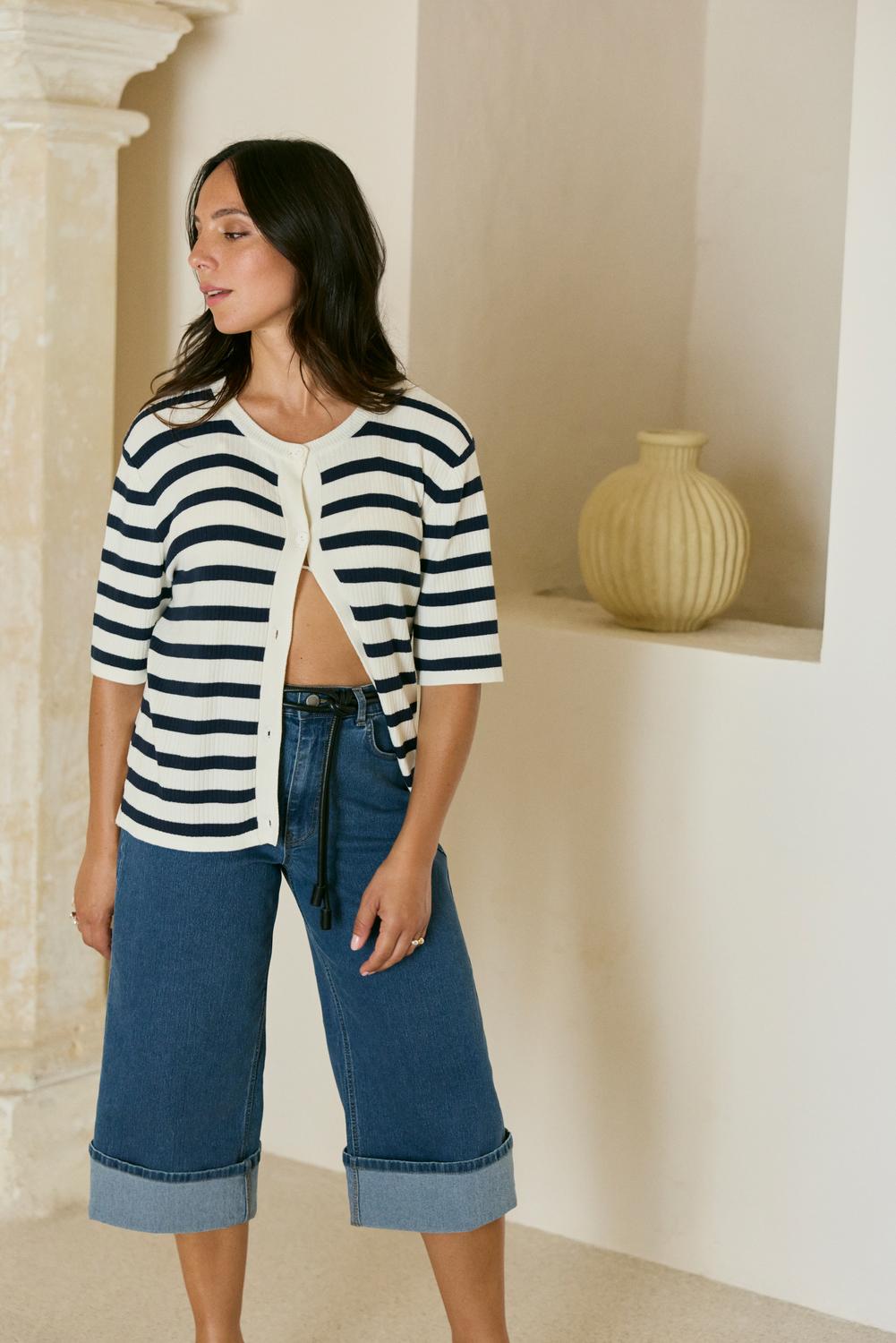 VIZICHA 2/4  BUTTON STRIPE KNIT CARDIGAN